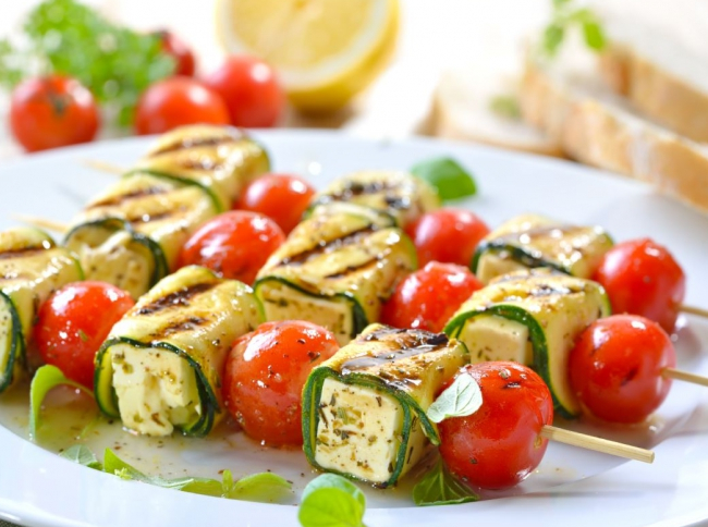 Feta, zucchini & cherry tomato skewers