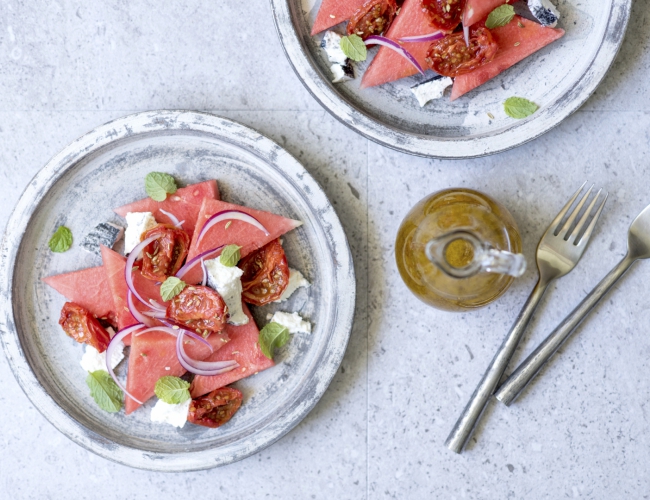 Watermelon, goat’s cheese & smoked tomato salad Recipe | Buy West Eat Best