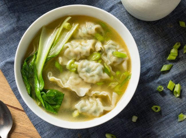 Chicken wonton soup with Asian greens