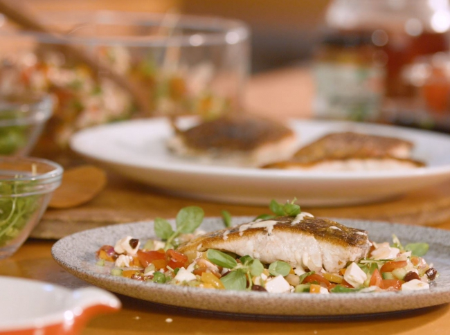 Barramundi with Greek salad