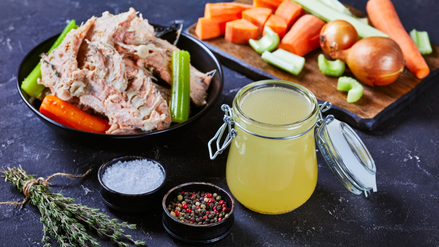 Close up,Of,Slow cooked,Fish,Broth,Or,Stock,Of,Salmon,In