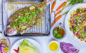 Whole roasted herby fish with noodle salad