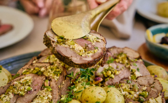 Rolled lamb leg with feta, mint & pistachios