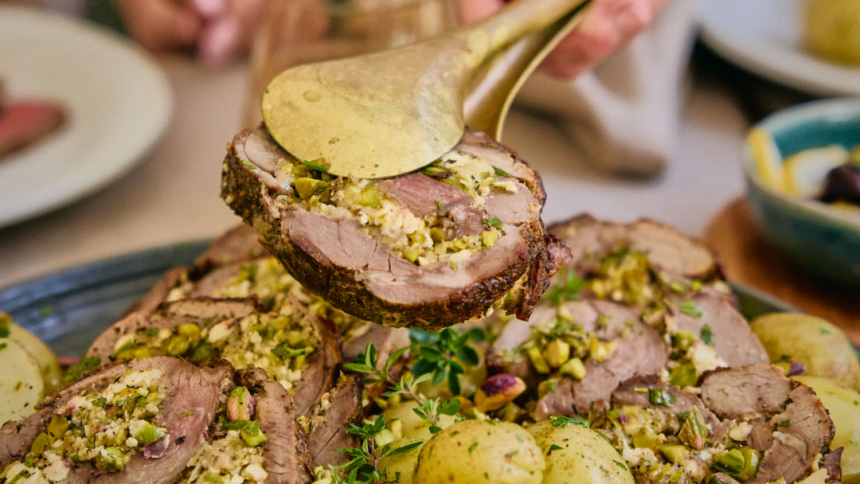 Rolled lamb leg with feta, mint & pistachios