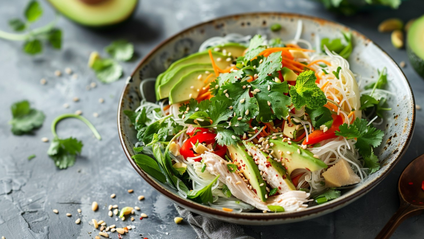 Generate an image of a vibrant chicken salad with vermicelli noodles, mint, cilantro, avocado, and toasted tamari seeds, beautifully plated asian style --chaos 10 --ar 16:9 Job ID: 27e663b1-0a17-4326-a16d-3f647d318db4